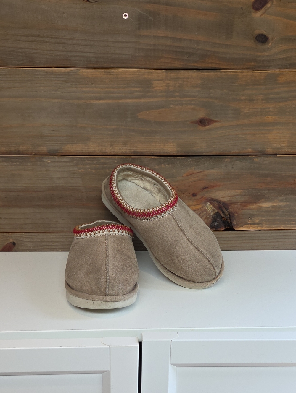 UGG Tasman Taupe Suede Slip-On Slippers with Red Accent